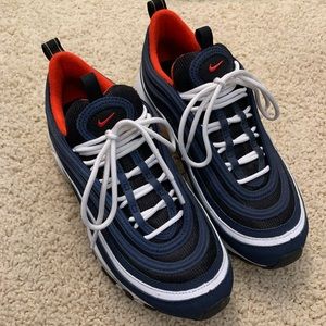 Nike shoes in the red white and blue.